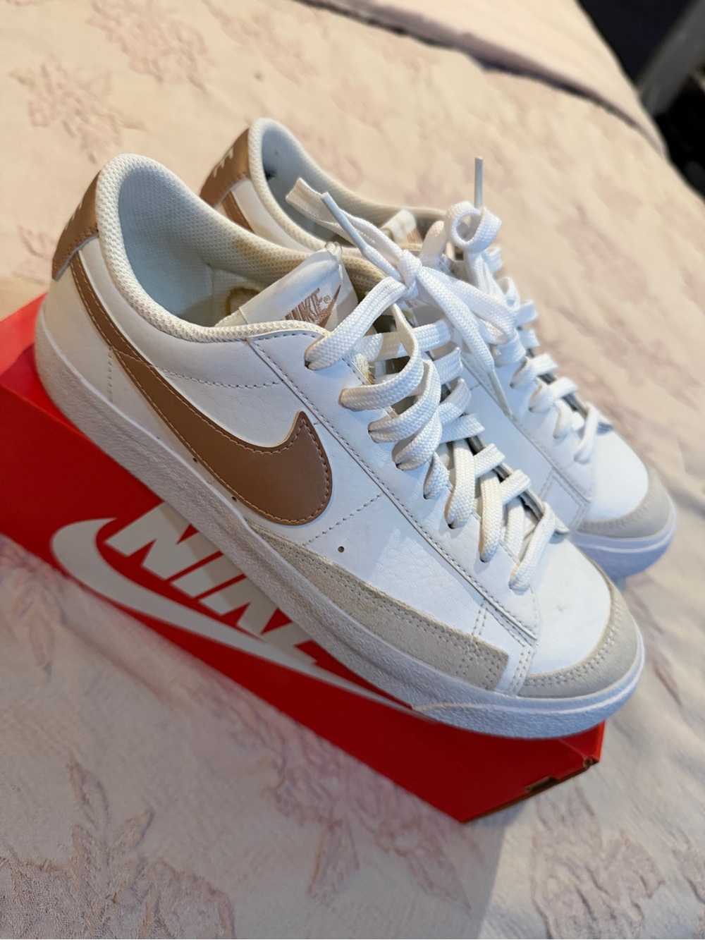 Nike Women’s White Sneakers with Tan Swoosh and Suede Accents